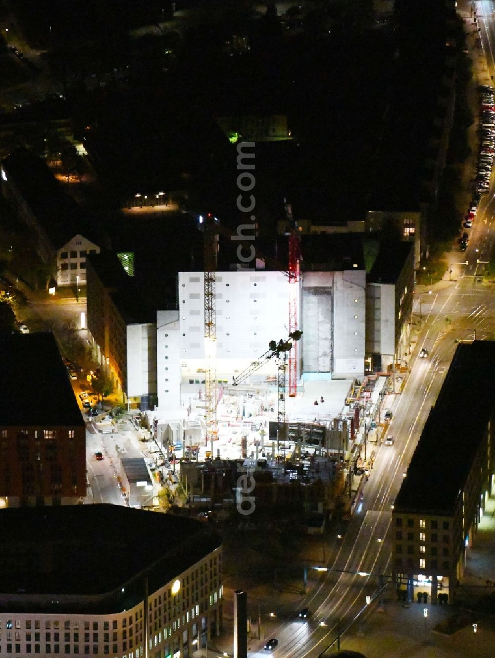 Aerial image at night Dresden - Night lighting office building VauVau on Annenstrasse in Dresden in the state Saxony, Germany