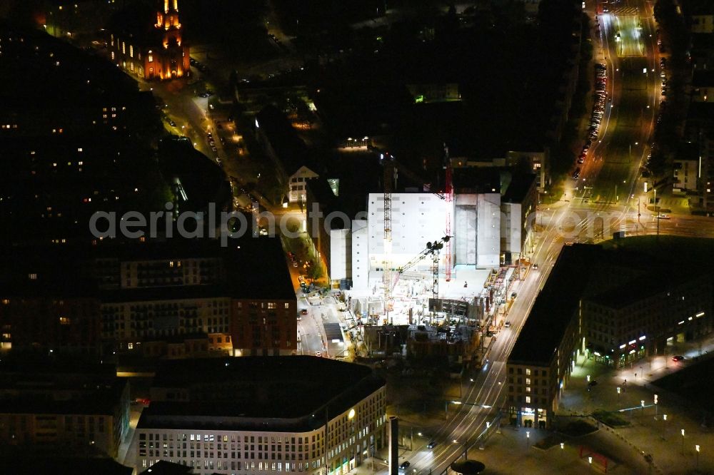 Dresden at night from above - Night lighting office building VauVau on Annenstrasse in Dresden in the state Saxony, Germany