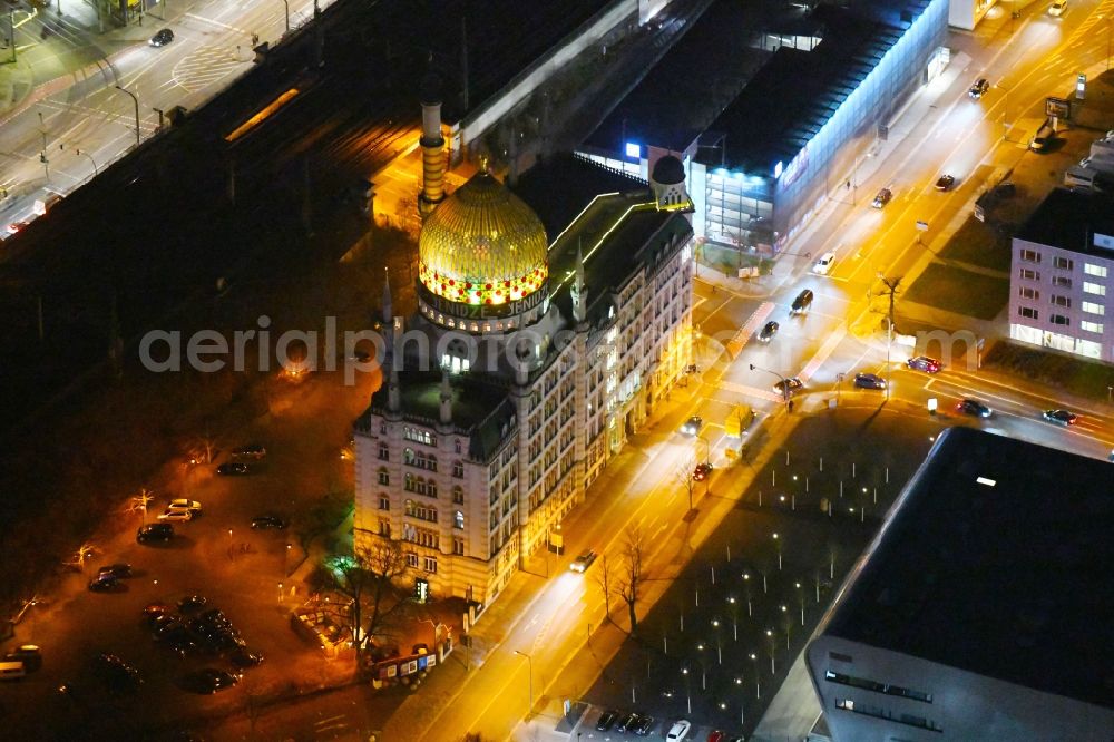 Aerial image at night Dresden - Night lighting Office building Yenidze on Weisseritzstrasse in the district Altstadt in Dresden in the state Saxony, Germany