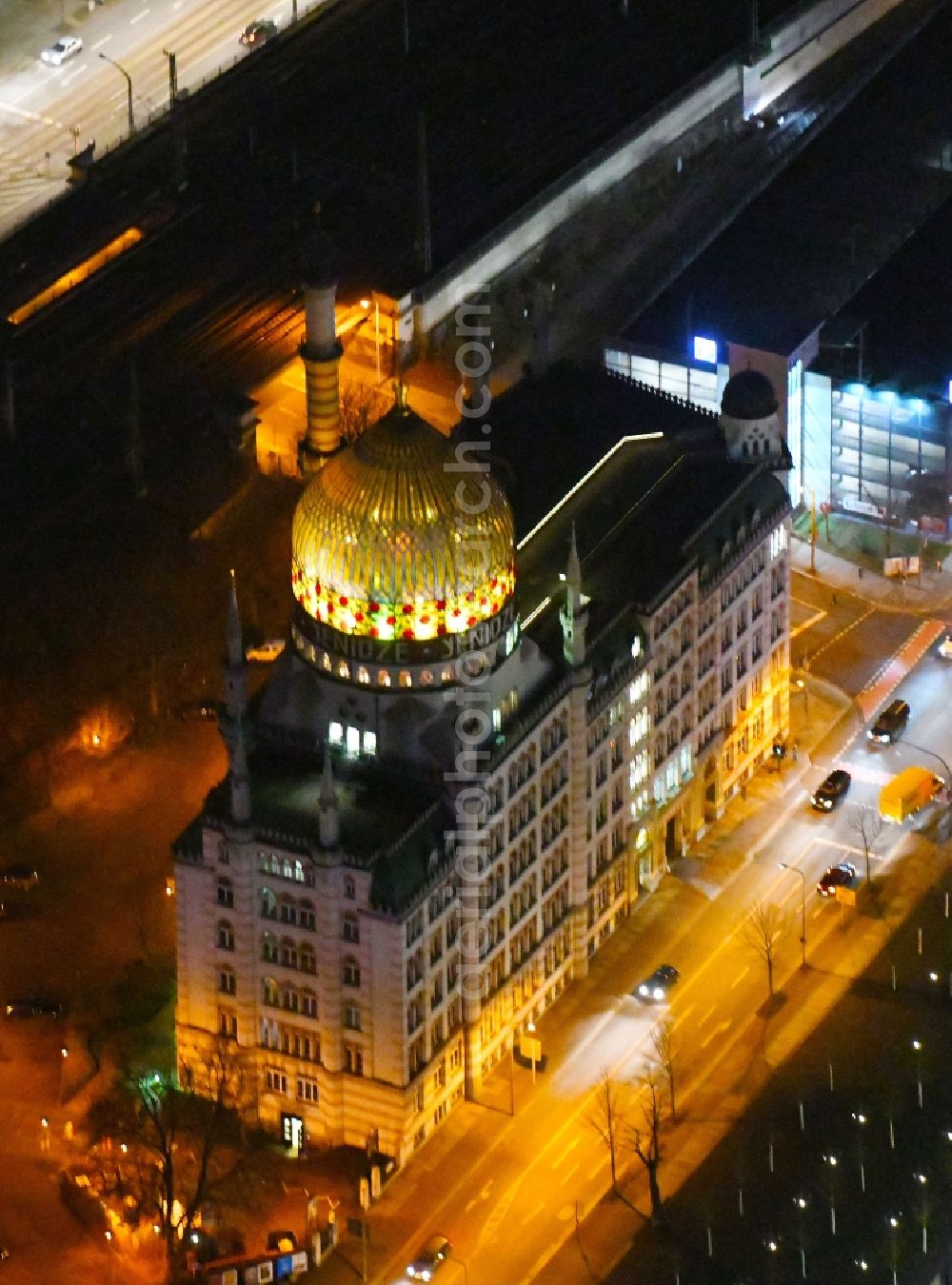 Dresden at night from above - Night lighting Office building Yenidze on Weisseritzstrasse in the district Altstadt in Dresden in the state Saxony, Germany