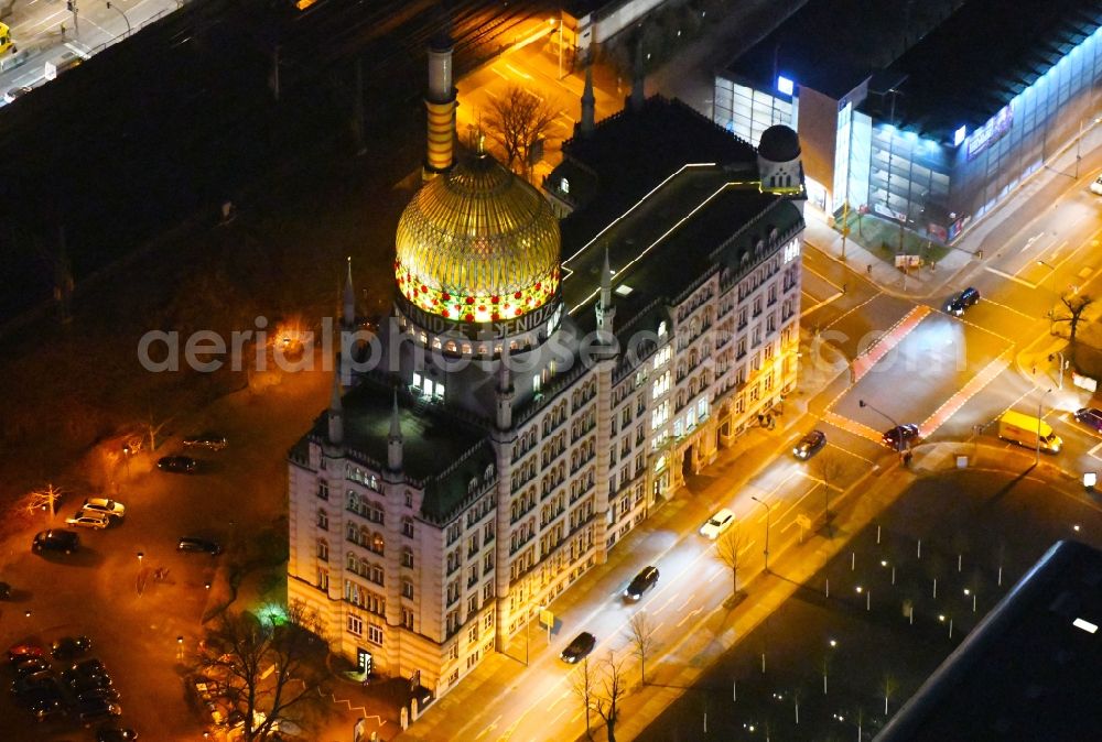 Aerial photograph at night Dresden - Night lighting Office building Yenidze on Weisseritzstrasse in the district Altstadt in Dresden in the state Saxony, Germany