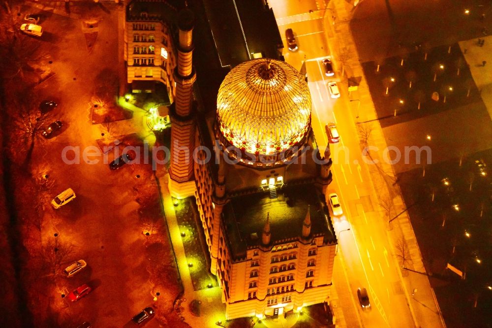 Aerial image at night Dresden - Night lighting Office building Yenidze on Weisseritzstrasse in the district Altstadt in Dresden in the state Saxony, Germany