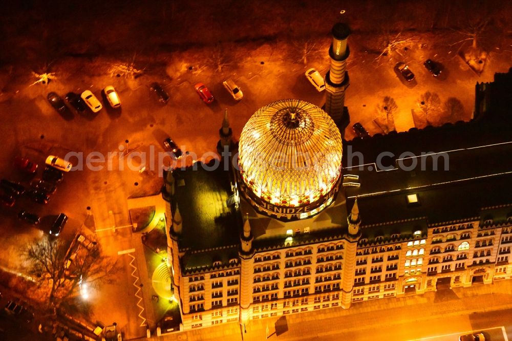 Dresden at night from the bird perspective: Night lighting Office building Yenidze on Weisseritzstrasse in the district Altstadt in Dresden in the state Saxony, Germany