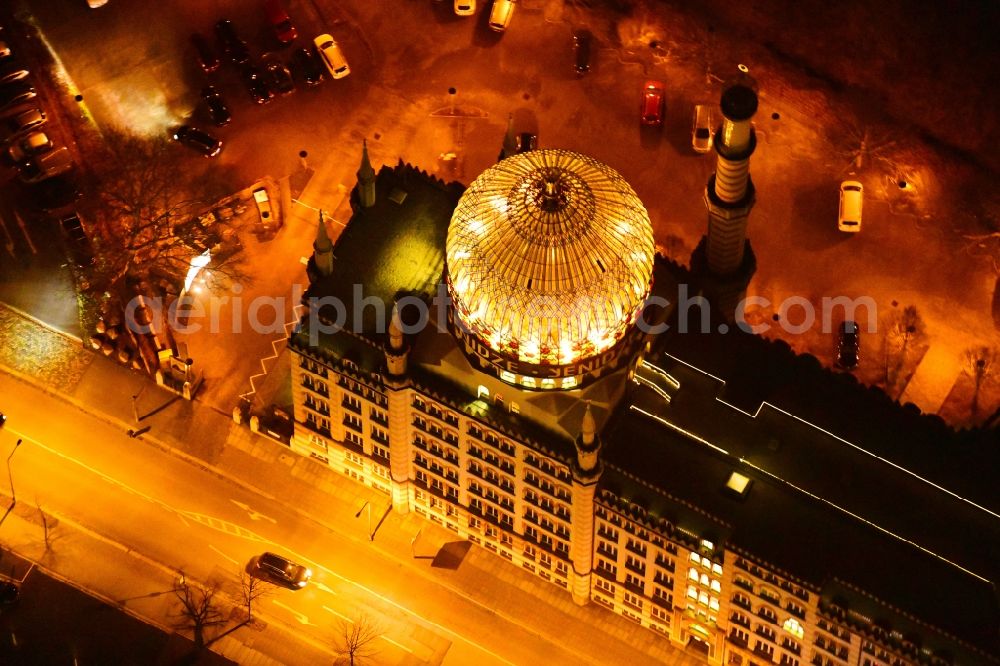 Dresden at night from above - Night lighting Office building Yenidze on Weisseritzstrasse in the district Altstadt in Dresden in the state Saxony, Germany