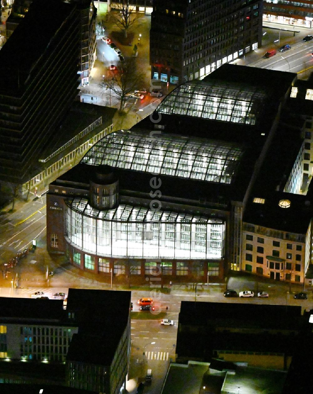 Aerial image at night Hamburg - Night lighting office building Zuerichhaus on street Domstrasse in the district Altstadt in Hamburg, Germany