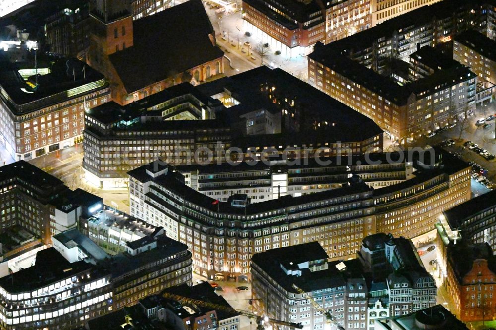 Hamburg at night from above - Night lighting office building of the administration and commercial buildings on Burchardstrasse in the district Altstadt in Hamburg, Germany