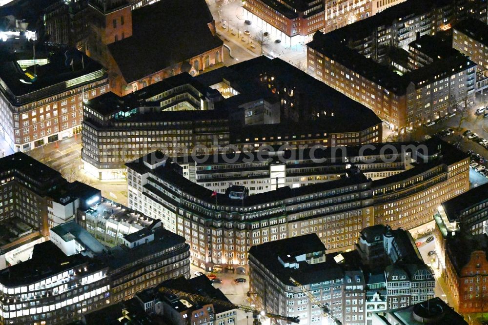 Hamburg at night from above - Night lighting office building of the administration and commercial buildings on Burchardstrasse in the district Altstadt in Hamburg, Germany