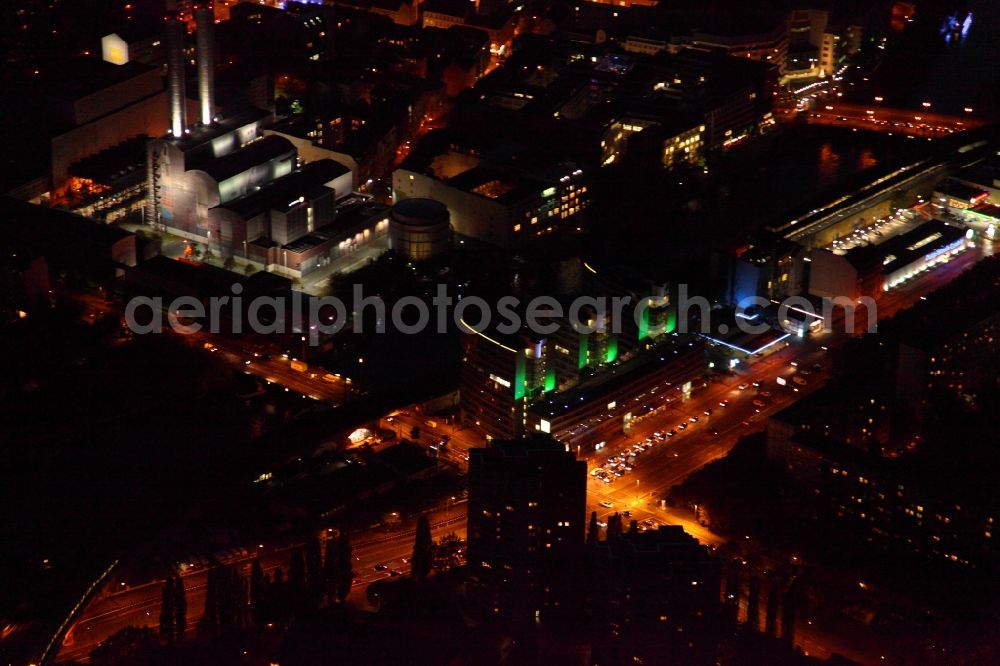 Berlin at night from above - Office building Trias Berlin Mitte and heating plant at night in Berlin