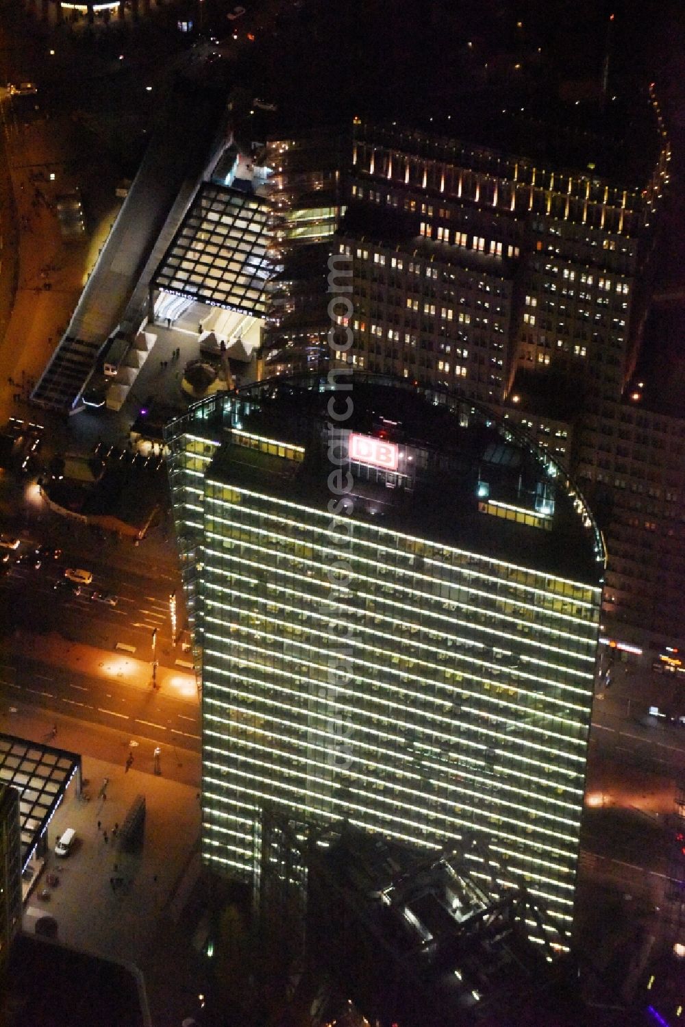 Aerial photograph at night Berlin - Night view office tower Bahn Tower at Sony Center on place Potsdamer Platz in Berlin in Germany