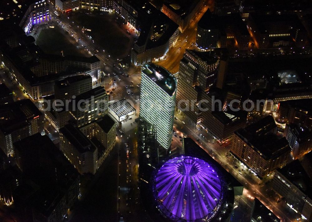 Berlin at night from above - Night view office tower Bahn Tower at Sony Center on place Potsdamer Platz in Berlin in Germany