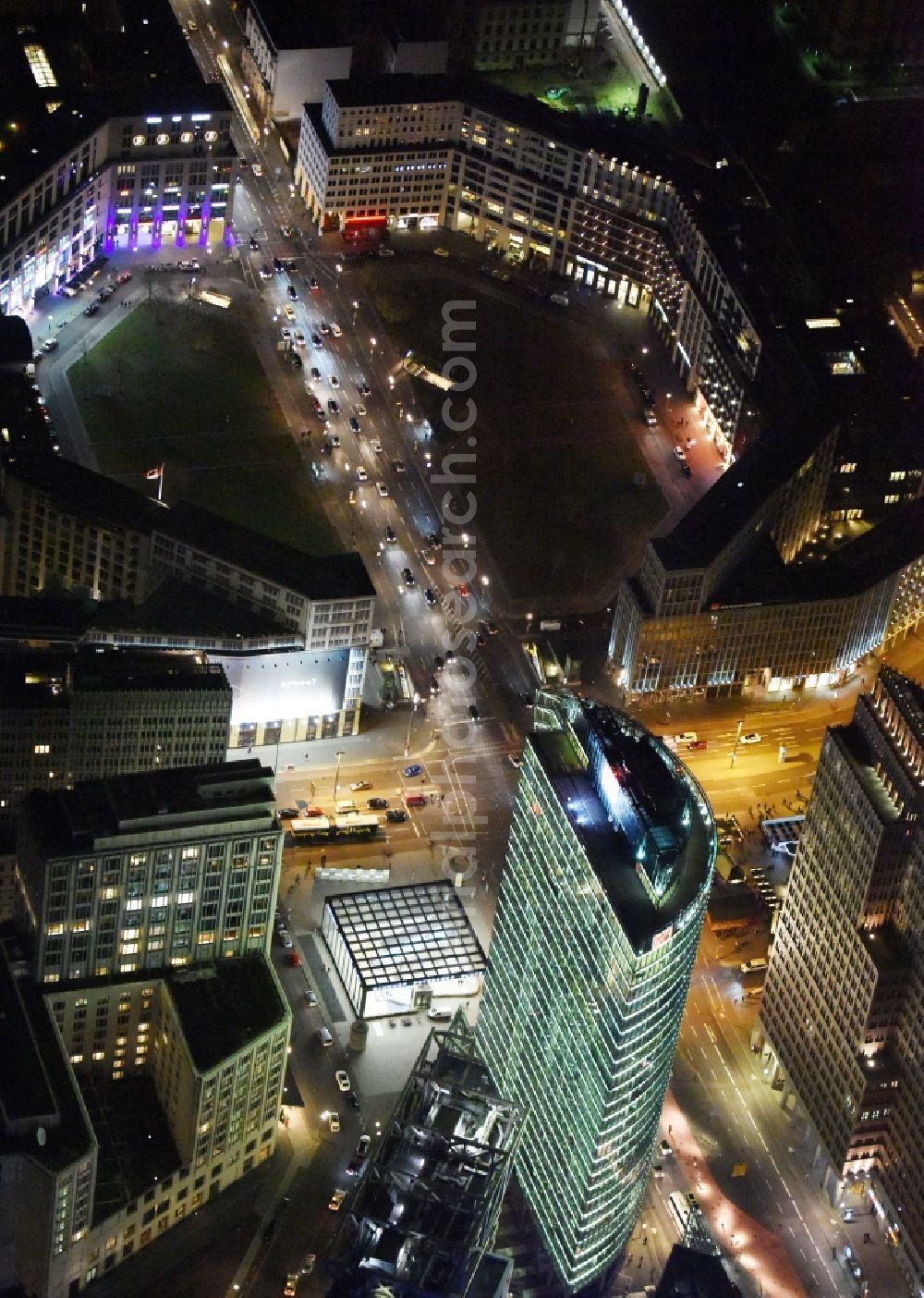 Aerial photograph at night Berlin - Night view office tower Bahn Tower at Sony Center on place Potsdamer Platz in Berlin in Germany