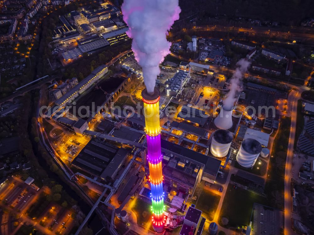 Chemnitz at night from above - Night lighting power plants and exhaust towers of thermal power station with buntem Schornstein Chemnitzer Esse on street Dammweg in the district Furth in Chemnitz in the state Saxony, Germany