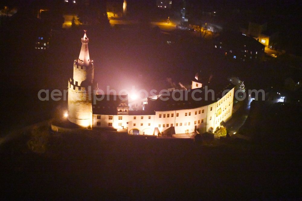 Weida at night from above - Night lighting Castle of the fortress - Museum Osterburg on Schlossberg in Weida in the state Thuringia, Germany