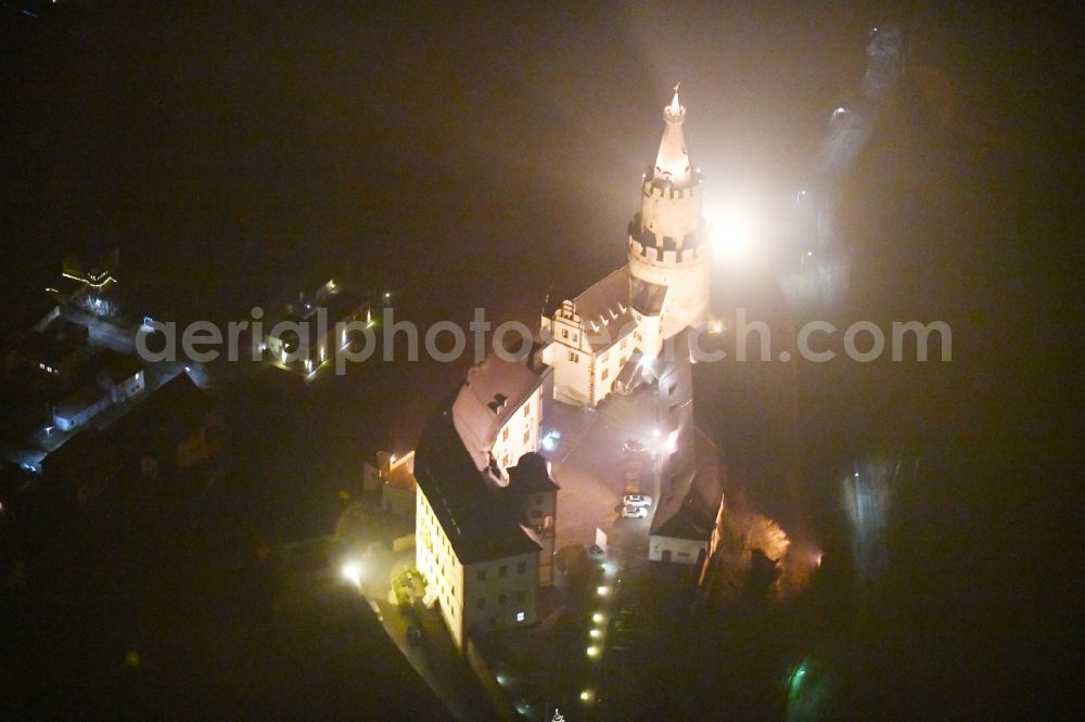 Weida at night from above - Night lighting Castle of the fortress - Museum Osterburg on Schlossberg in Weida in the state Thuringia, Germany