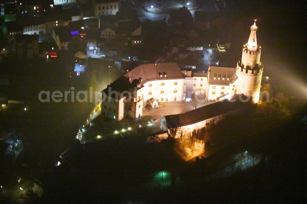 Aerial image at night Weida - Night lighting Castle of the fortress - Museum Osterburg on Schlossberg in Weida in the state Thuringia, Germany