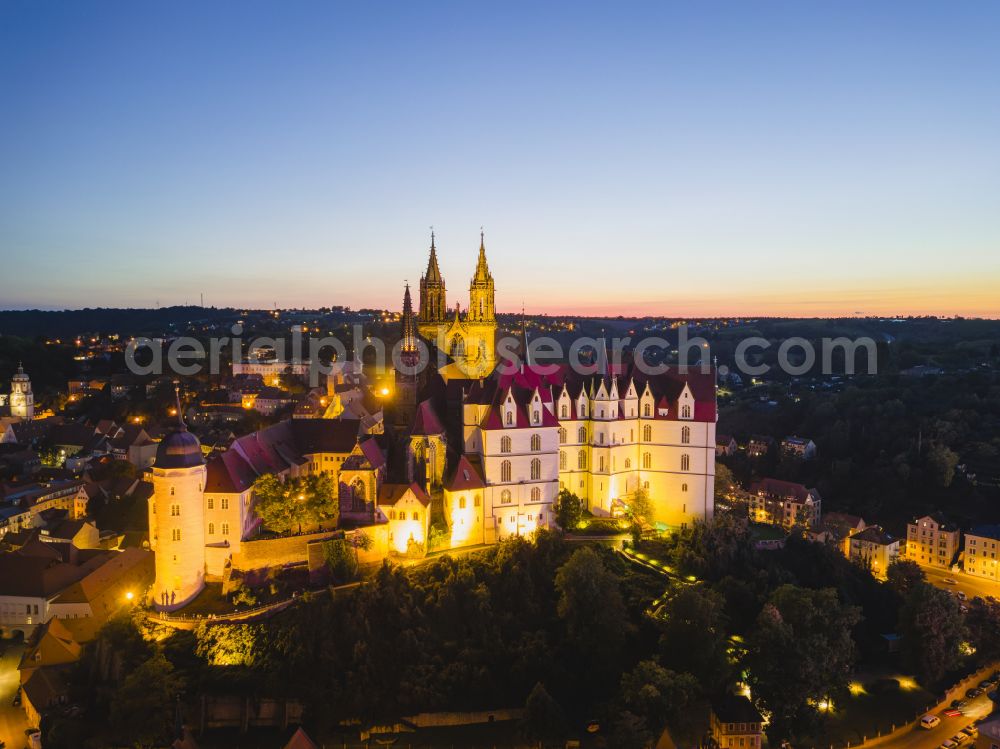 Meißen at night from above - Night lighting castle of Schloss Albrechtsburg on Domplatz in Meissen in the state Saxony