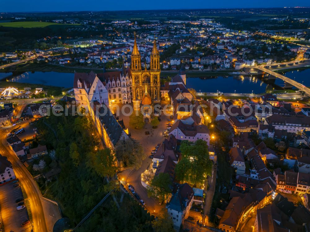 Meißen at night from above - Night lighting castle of Schloss Albrechtsburg on Domplatz in Meissen in the state Saxony