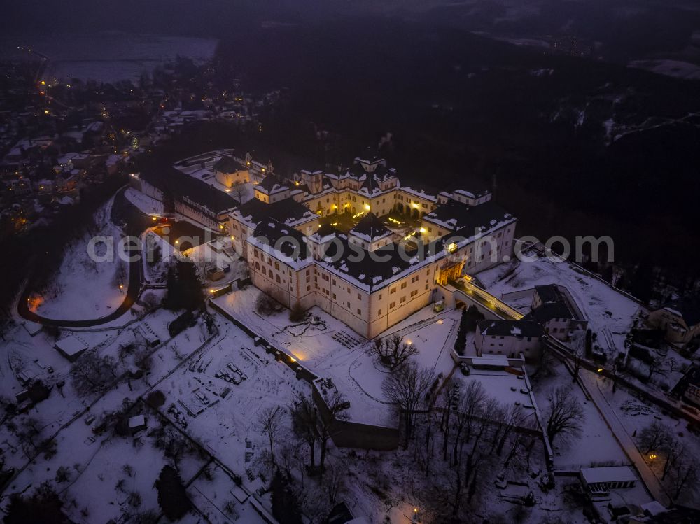 Augustusburg at night from the bird perspective: Night lighting castle of Schloss and theater in Augustusburg in the state Saxony