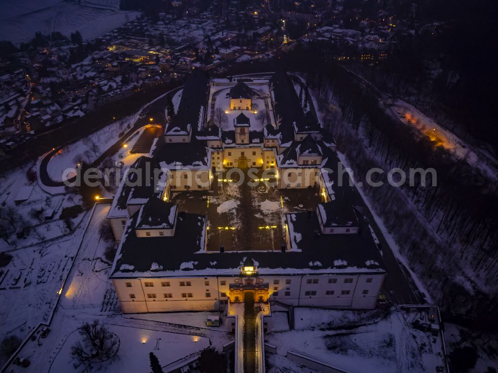 Aerial photograph at night Augustusburg - Night lighting castle of Schloss and theater in Augustusburg in the state Saxony