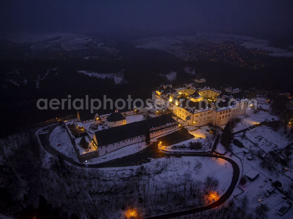 Aerial image at night Augustusburg - Night lighting castle of Schloss and theater in Augustusburg in the state Saxony