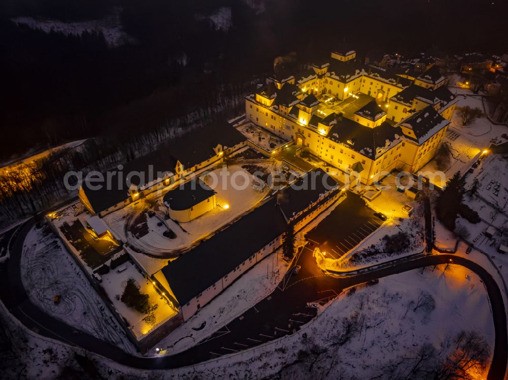 Augustusburg at night from above - Night lighting castle of Schloss and theater in Augustusburg in the state Saxony