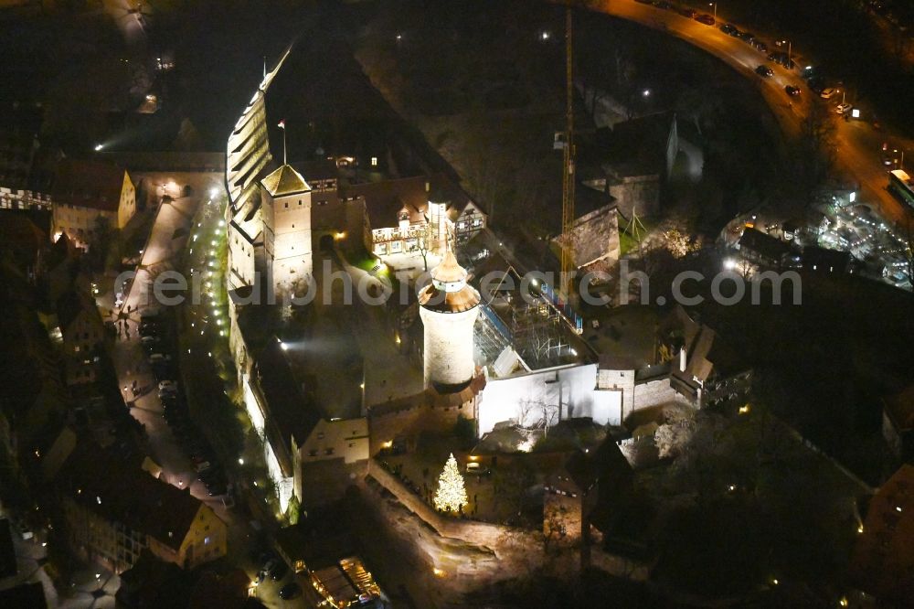 Nürnberg at night from above - Night lighting Castle of the fortress Kaiserburg - Sinwell Tower - Vestnertorbruecke in the district Altstadt - Sankt Sebald in Nuremberg in the state Bavaria, Germany