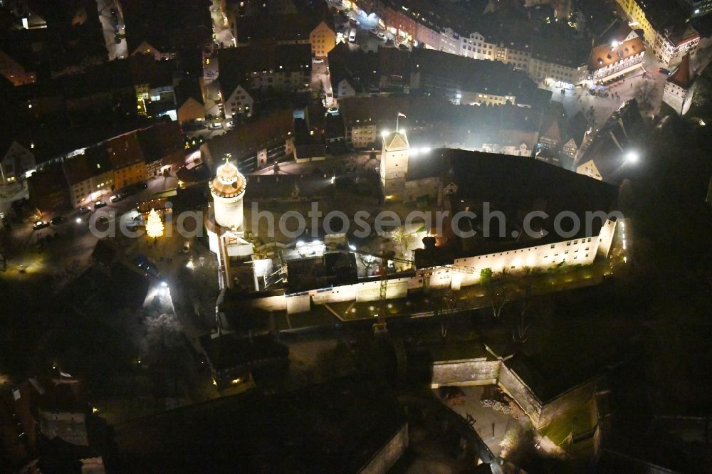 Nürnberg at night from above - Night lighting Castle of the fortress Kaiserburg - Sinwell Tower - Vestnertorbruecke in the district Altstadt - Sankt Sebald in Nuremberg in the state Bavaria, Germany