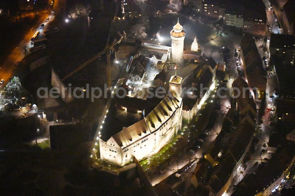 Nürnberg at night from above - Night lighting Castle of the fortress Kaiserburg - Sinwell Tower - Vestnertorbruecke in the district Altstadt - Sankt Sebald in Nuremberg in the state Bavaria, Germany