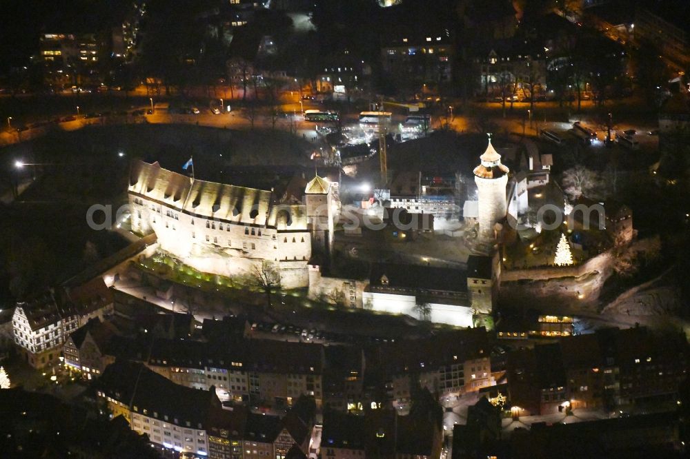 Nürnberg at night from above - Night lighting Castle of the fortress Kaiserburg - Sinwell Tower - Vestnertorbruecke in the district Altstadt - Sankt Sebald in Nuremberg in the state Bavaria, Germany