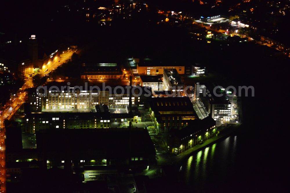 Berlin at night from above - Night lighting Campus building of the University of Applied Sciences Hochschule fuer Technik and Wirtschaft Berlin - Campus Wilhelminenhof in the district Schoeneweide in Berlin, Germany