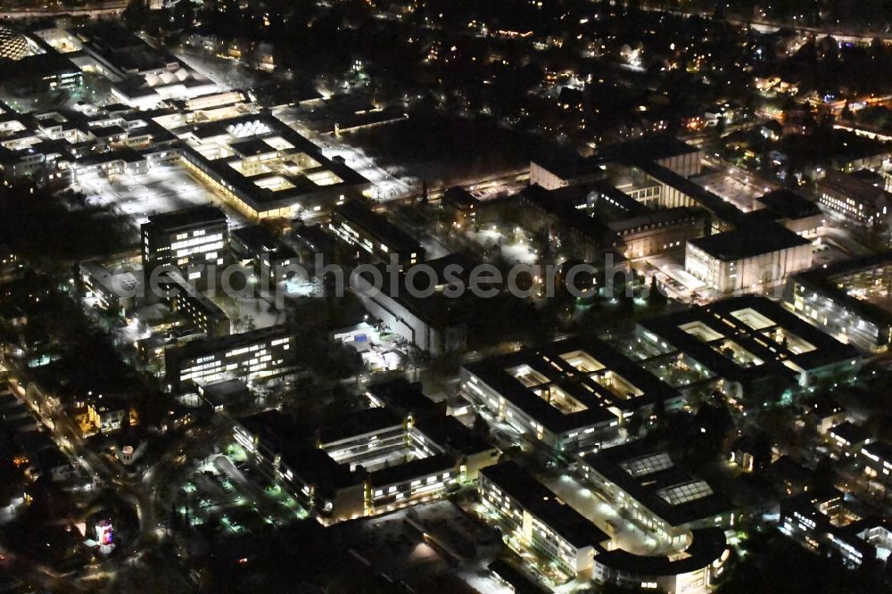 Aerial photograph at night Berlin - Night view campus building of the university Freie Universitaet Berlin Kaiserswerther Strasse with the new building of the Philological Library Habelschwerdter Allee in the district Bezirk Steglitz-Zehlendorf in Berlin