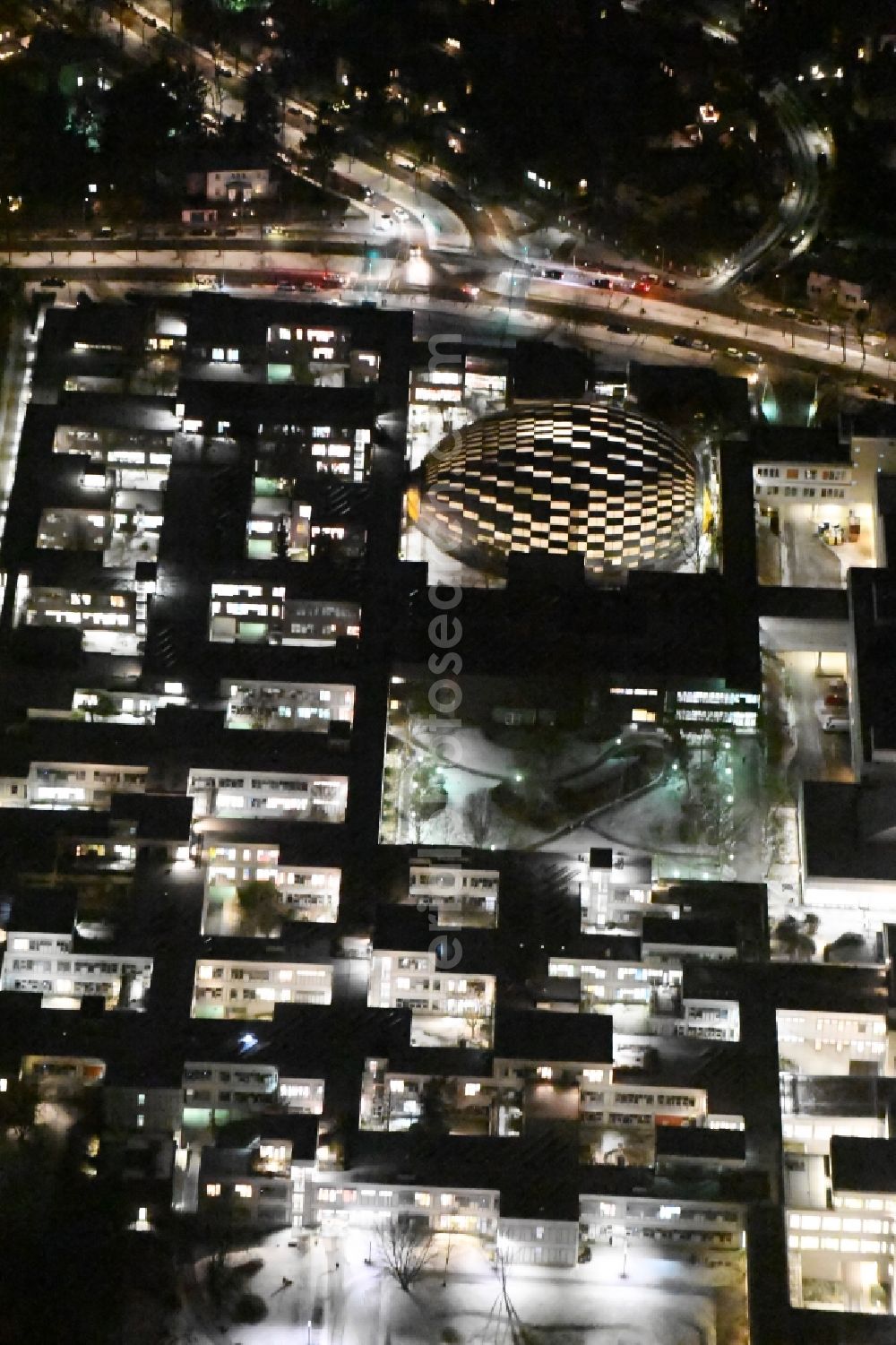 Berlin at night from above - Night view campus building of the university Freie Universitaet Berlin Kaiserswerther Strasse with the new building of the Philological Library Habelschwerdter Allee in the district Bezirk Steglitz-Zehlendorf in Berlin