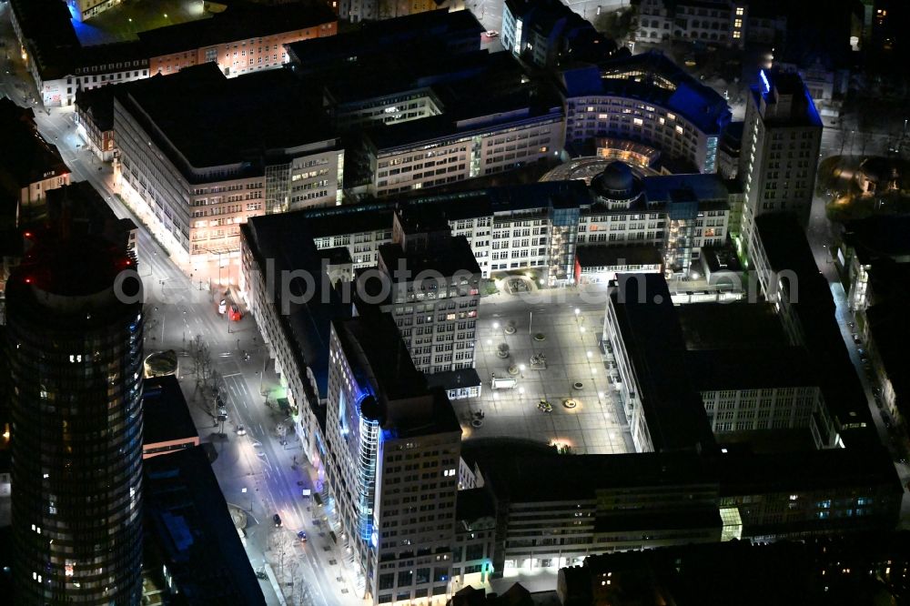 Aerial photograph at night Jena - Night lighting campus building of the university Friedrich-Schiller-Universitaet Jena and office building of the Jenoptik AG on Carl-Zeiss-Strasse in Jena in the state Thuringia, Germany