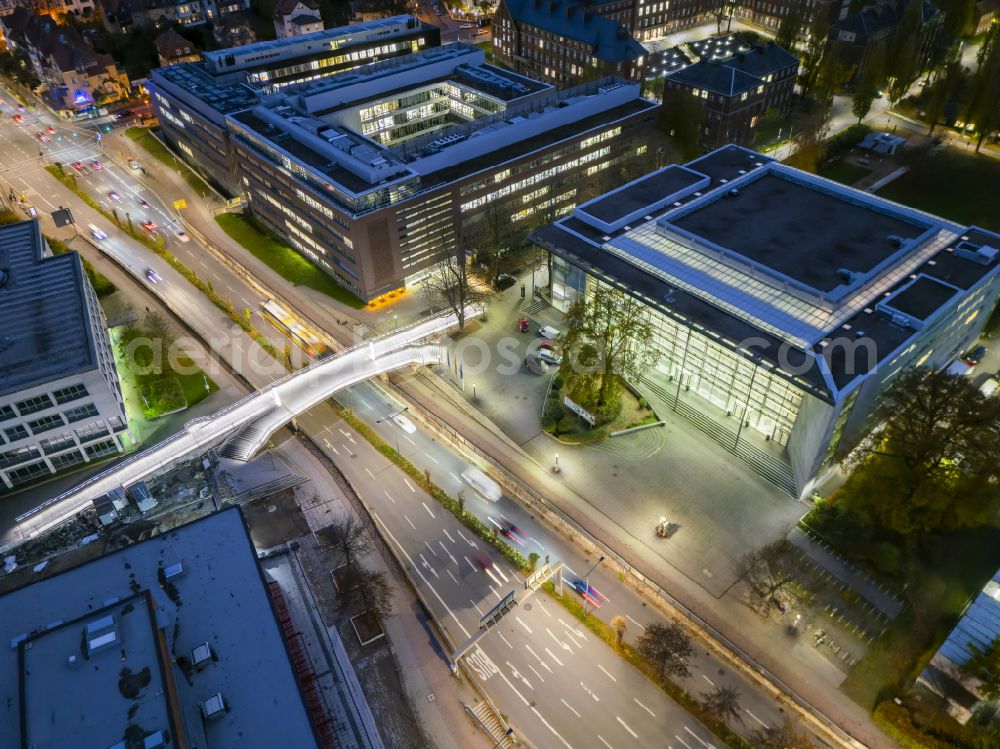 Aerial image at night Dresden - Night lights and illumination campus area of the university Technical University of Dresden lecture hall center between Bergstrasse, in Dresden in the federal state of Saxony, Germany