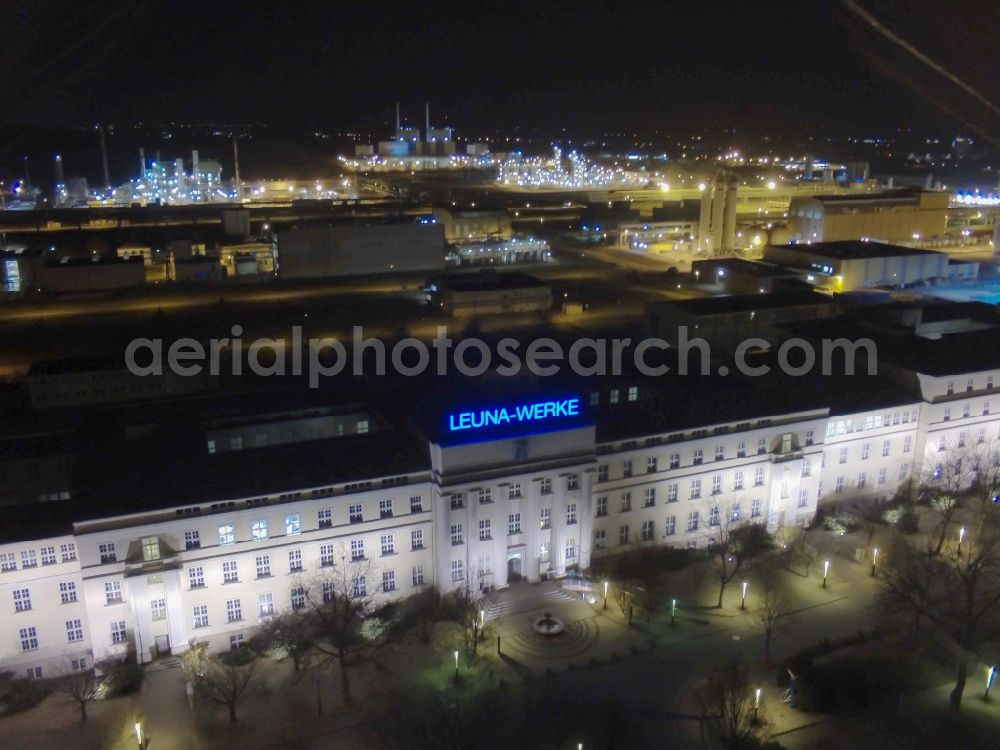 Leuna at night from the bird perspective: Night view onto the business premises of the multinational oil and gas company TOTAL in Leuna in the state Saxony-Anhalt