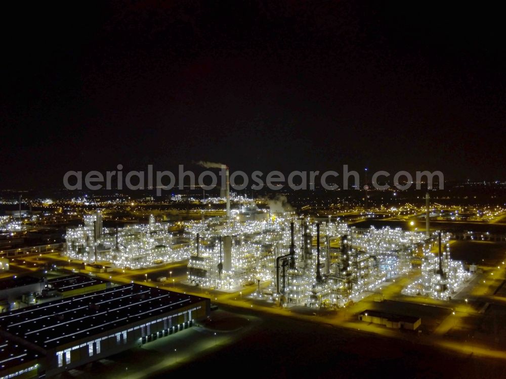 Aerial image at night Leuna - Night view onto the business premises of the multinational oil and gas company TOTAL in Leuna in the state Saxony-Anhalt