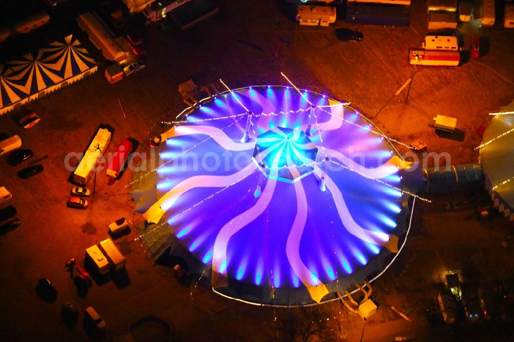 Aerial photograph at night Dresden - Night lighting Circus tent domes of the circus Dresdner Weihnachts-Circus on Pieschener Allee in the district Altstadt in Dresden in the state Saxony, Germany