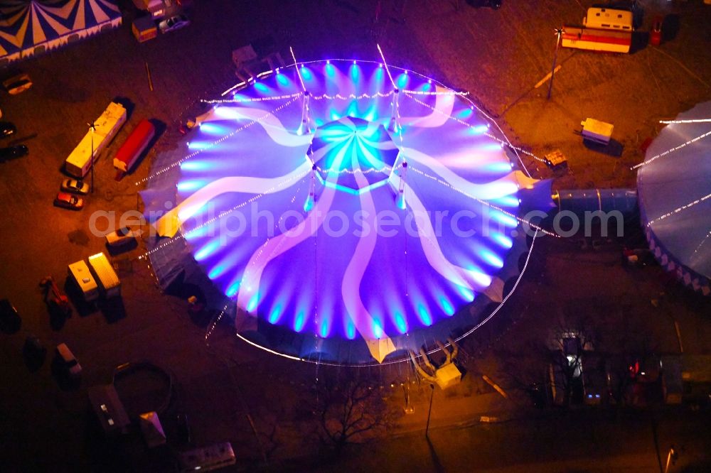 Aerial image at night Dresden - Night lighting Circus tent domes of the circus Dresdner Weihnachts-Circus on Pieschener Allee in the district Altstadt in Dresden in the state Saxony, Germany