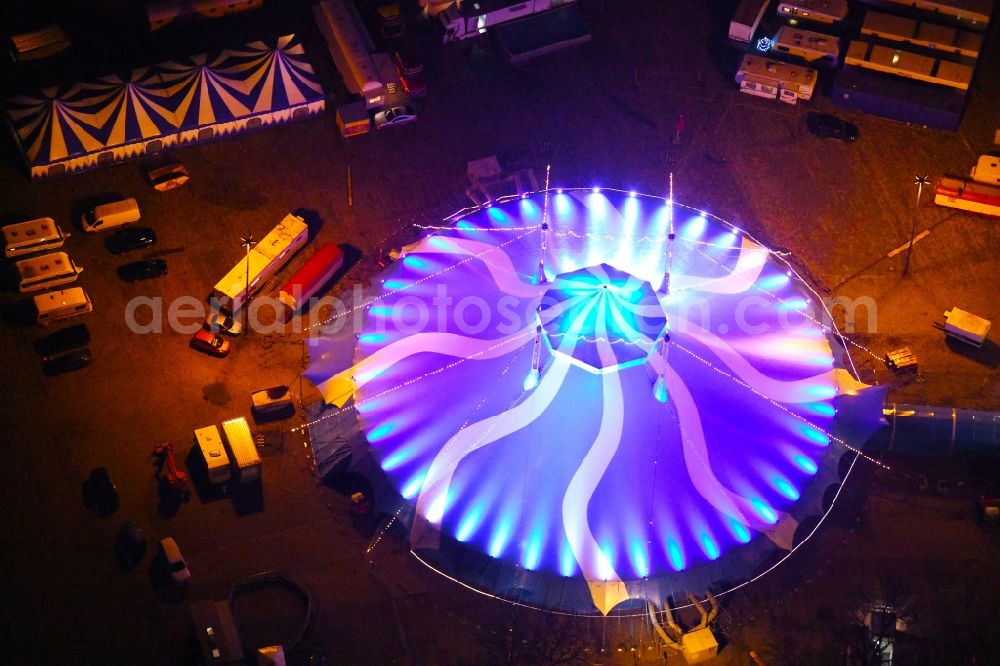 Dresden at night from above - Night lighting Circus tent domes of the circus Dresdner Weihnachts-Circus on Pieschener Allee in the district Altstadt in Dresden in the state Saxony, Germany