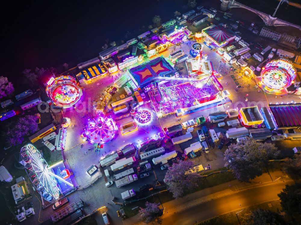 Aerial photograph at night Dresden - Night lighting Circus tent domes of the circus Dresdner Weihnachts-Circus on Pieschener Allee in the district Altstadt in Dresden in the state Saxony, Germany