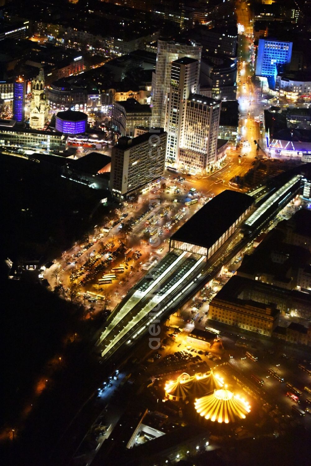 Aerial photograph at night Berlin - Night view circus tent domes of the circus of the Flic Flac Tour GmbH in the Charlottenburg district in Berlin