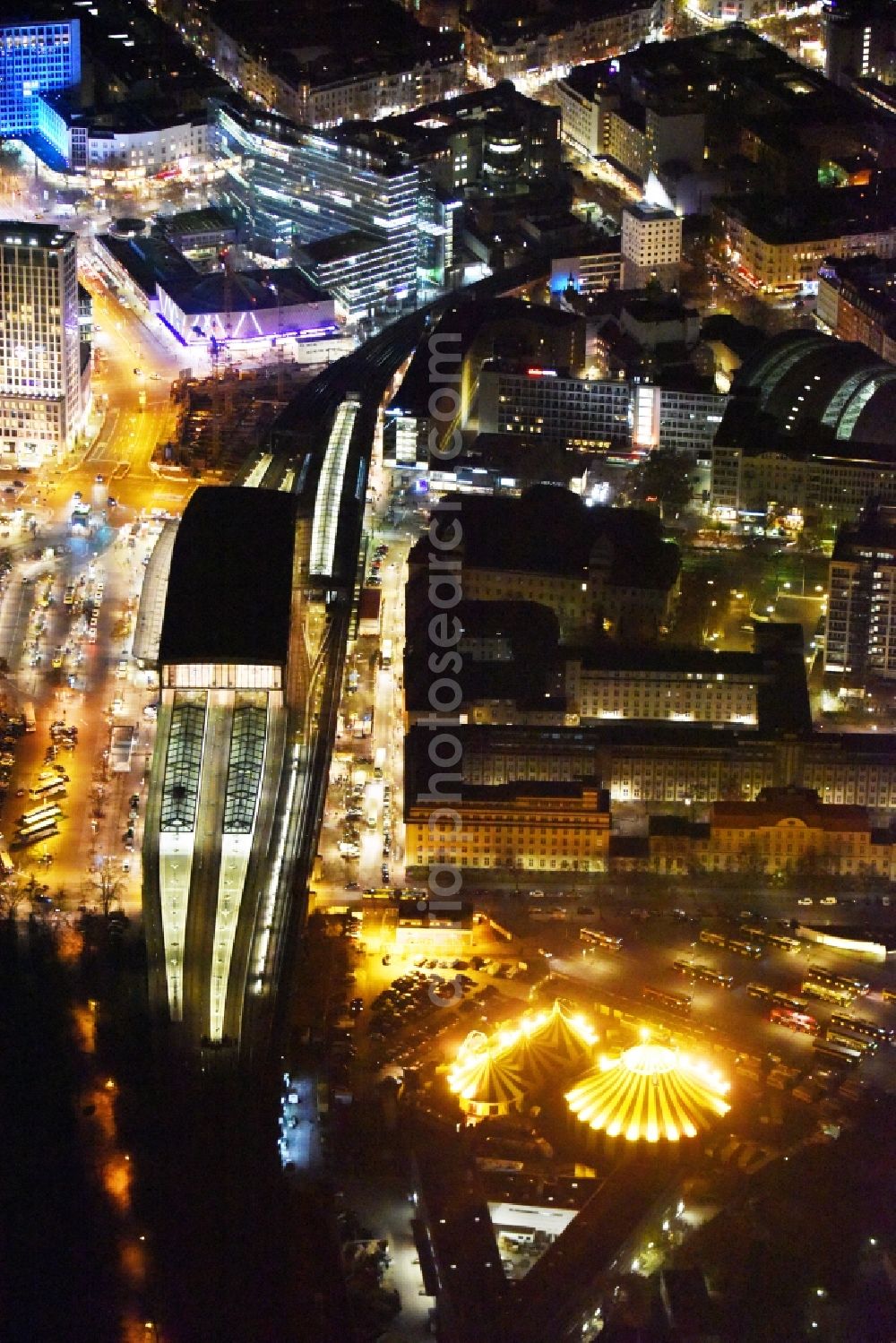 Berlin at night from the bird perspective: Night view circus tent domes of the circus of the Flic Flac Tour GmbH in the Charlottenburg district in Berlin