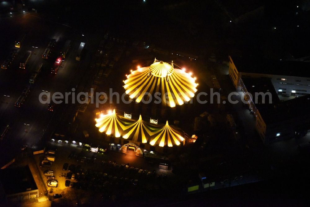 Aerial image at night Berlin - Night view of circus tent domes of the circus of the Flic Flac Tour GmbH in the Charlottenburg district in Berlin