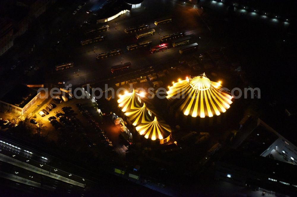 Aerial photograph at night Berlin - Night view of circus tent domes of the circus of the Flic Flac Tour GmbH in the Charlottenburg district in Berlin