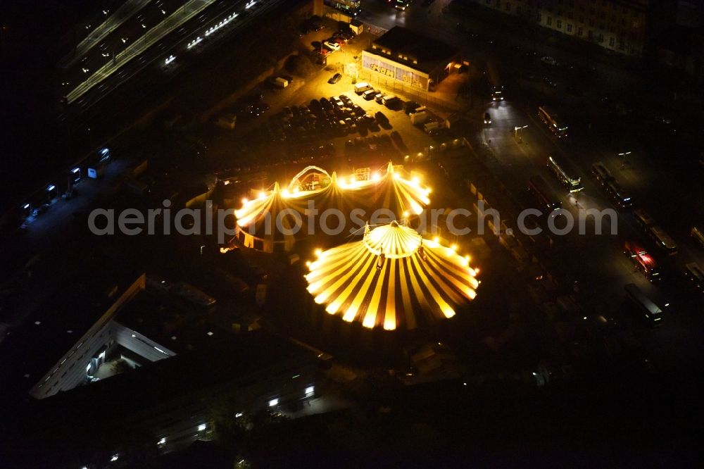 Aerial image at night Berlin - Night view of circus tent domes of the circus of the Flic Flac Tour GmbH in the Charlottenburg district in Berlin