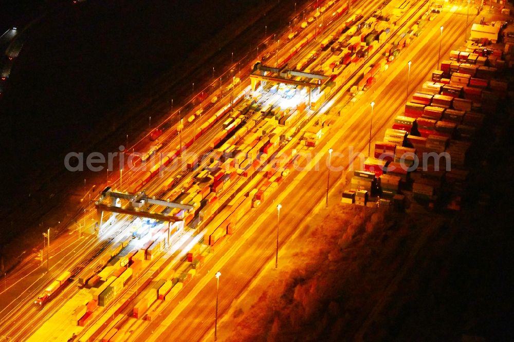 Aerial photograph at night Leipzig - Night lighting Container terminal center in the district Wahren in Leipzig in the state Saxony, Germany