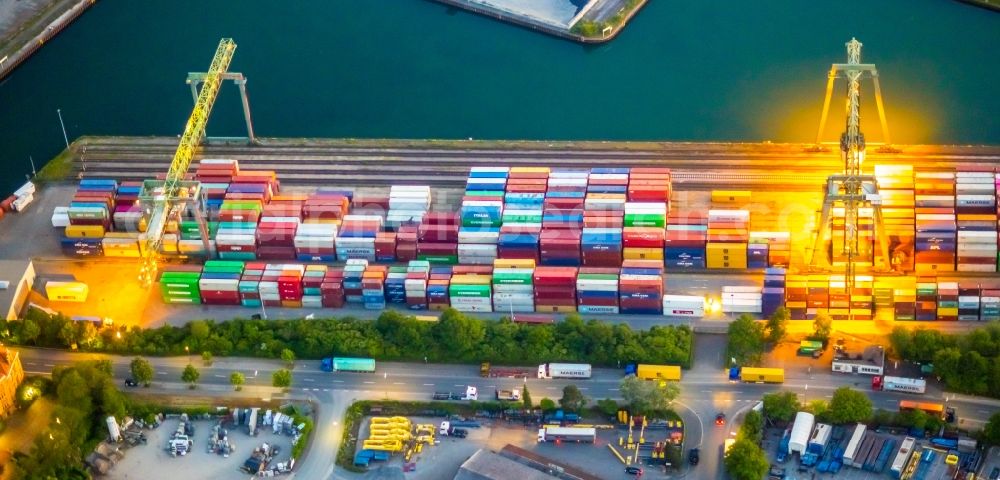 Aerial photograph at night Dortmund - Night lighting container Terminal in the port of the inland port of Container Terminal Dortmund GmbH in Dortmund at Ruhrgebiet in the state North Rhine-Westphalia, Germany