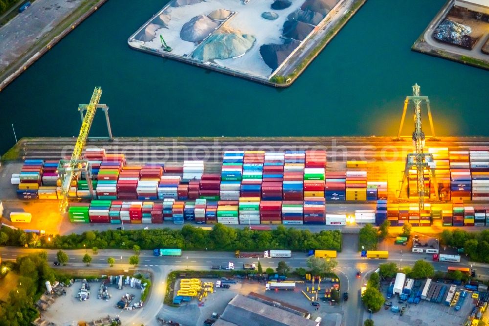 Aerial image at night Dortmund - Night lighting container Terminal in the port of the inland port of Container Terminal Dortmund GmbH in Dortmund at Ruhrgebiet in the state North Rhine-Westphalia, Germany