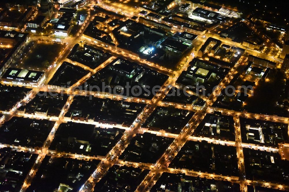 Potsdam at night from the bird perspective: Night image of the historic town centre of the Noerdliche Innenstadt part of Potsdam in the state of Brandenburg. View to the South, Dortustrasse is located central