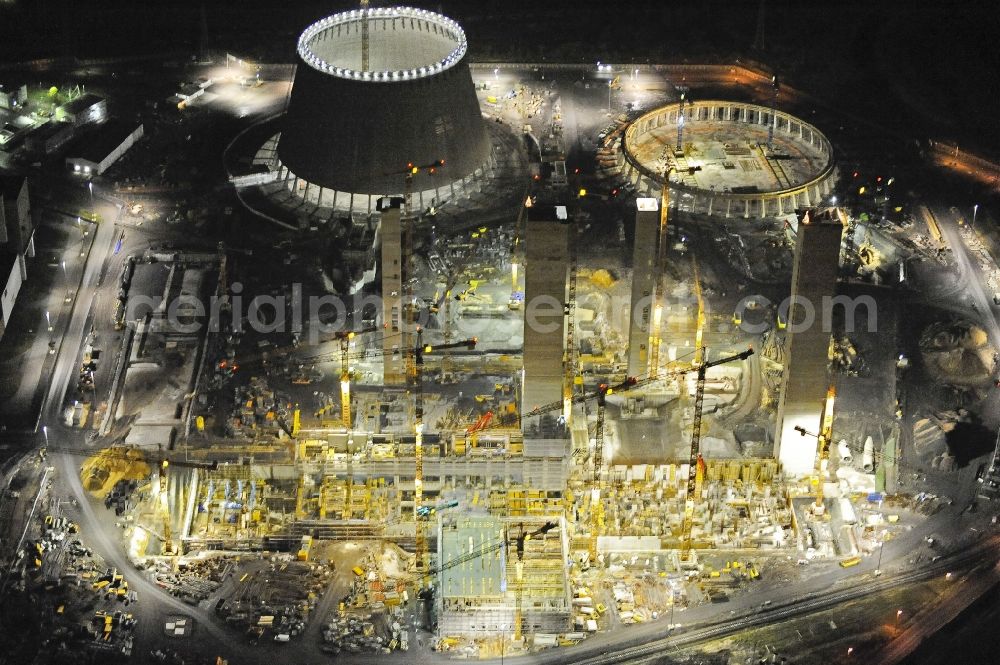 Hamm at night from above - Night view of Construction site at the powerhouse / coal power station in the district Hamm-Uentrop with the former nuclear power station NPS / atomic plant THTR-300 in North Rhine-Westphalia